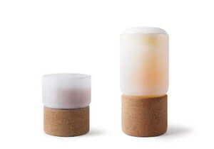 Double-walled Chill Glasses with cork bases, designed to keep beverages cold without dilution by melting ice cubes.