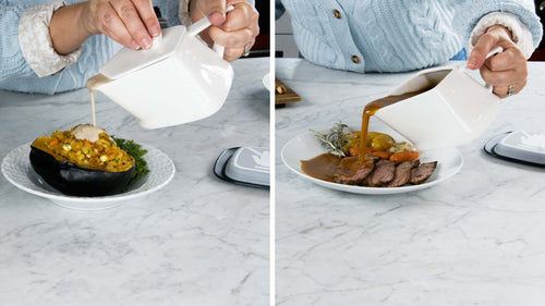 Pouring hot gravy from insulated HeatTHAT! Gravy boat over savory dishes, ensuring the perfect meal temperature.