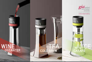Trio Decanter for wine, cold brew tea, and juice with GIA Innovation Award branding in a versatile, modern design.